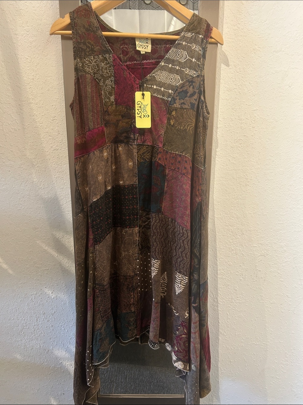 Gypsy Patchwork Midi Dress in Brown and Burgundy size s/m NWT